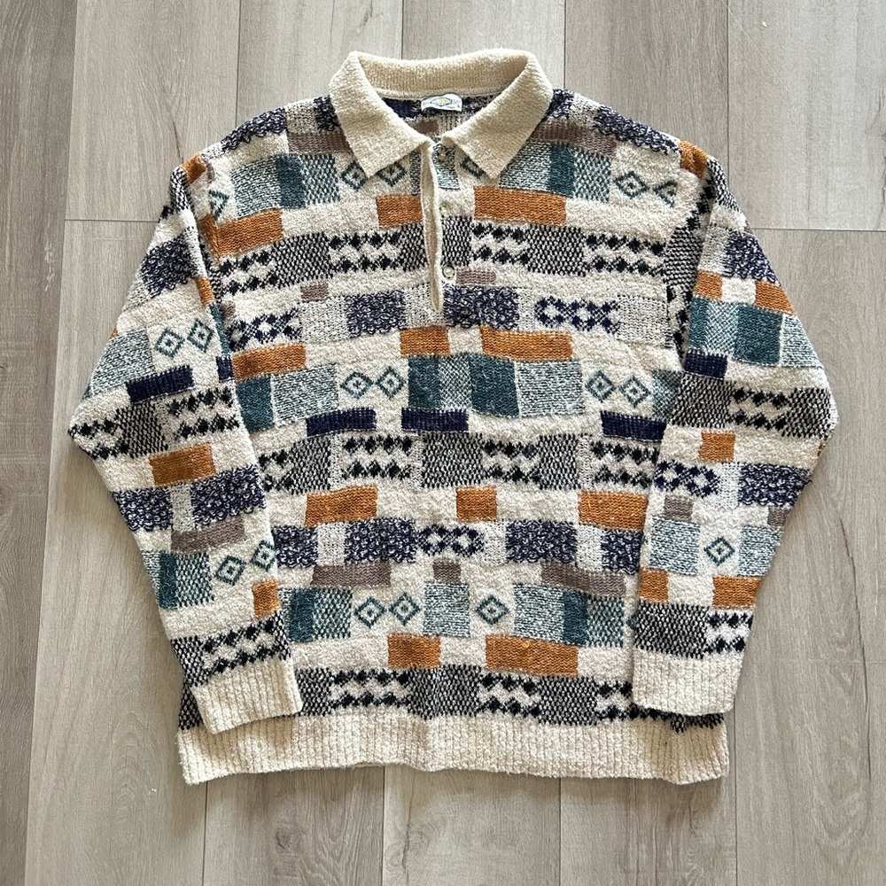 Men's Geometric Pattern Half-Zip Sweater - Cream Multi